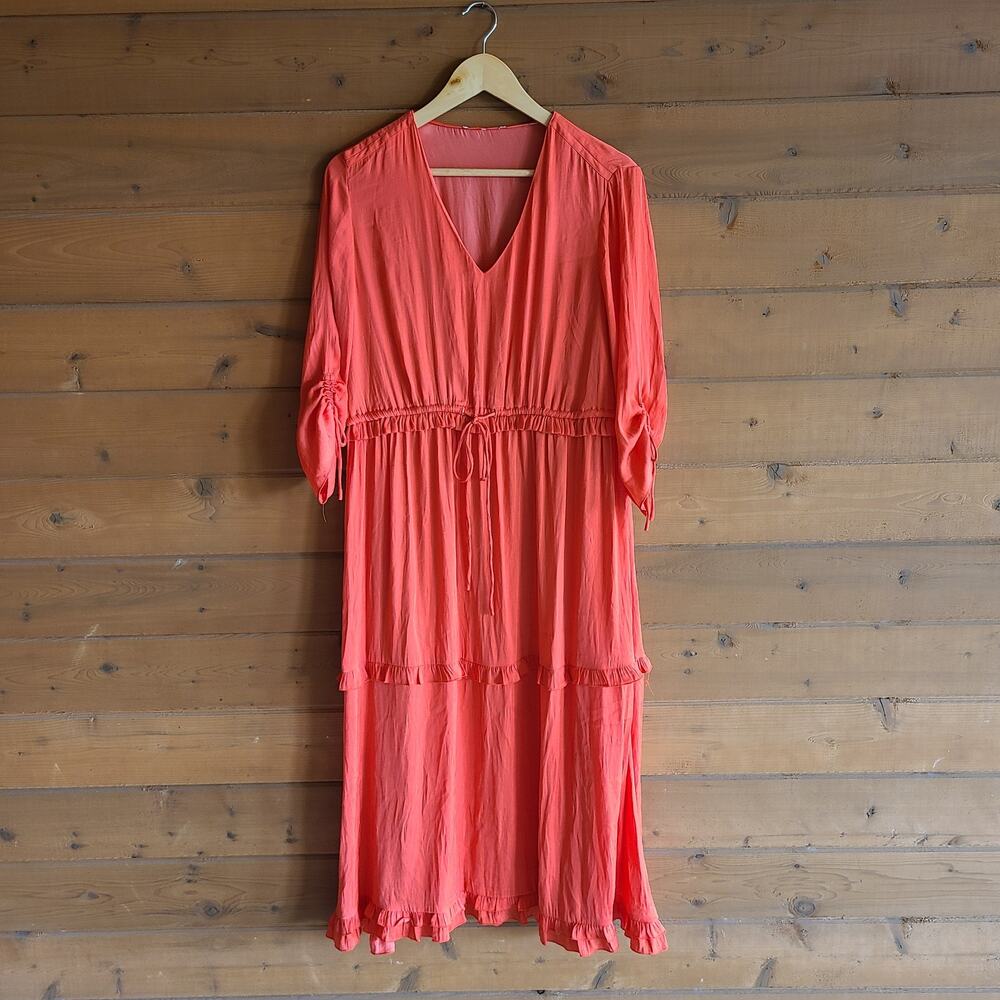 Scotch & Soda Coral Ruffle Dress Flowy Vneck Boho Prairie Cottagecore Preppy - Picture 2 of 6